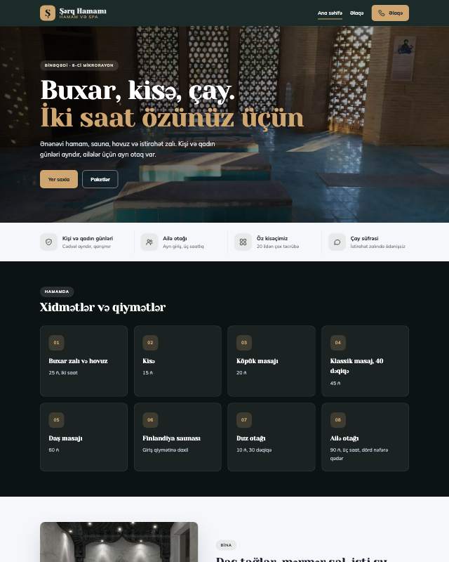 Hamam və SPA sayt dizaynının ekran görüntüsü