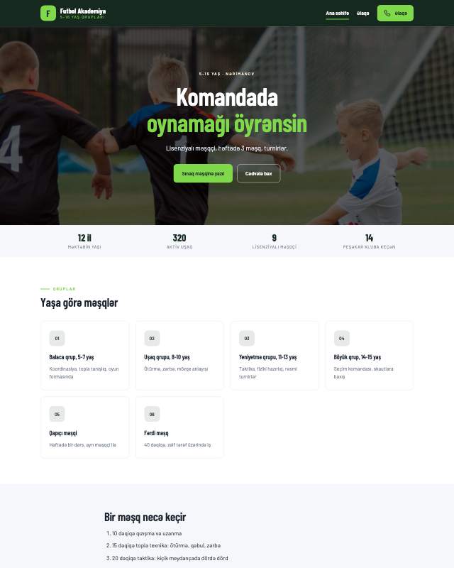 Futbol məktəbi · Meydan veb sayt şablonunun ekran görüntüsü