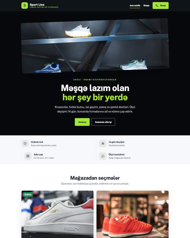 İdman mağazası üçün veb sayt şablonunun ekran görüntüsü