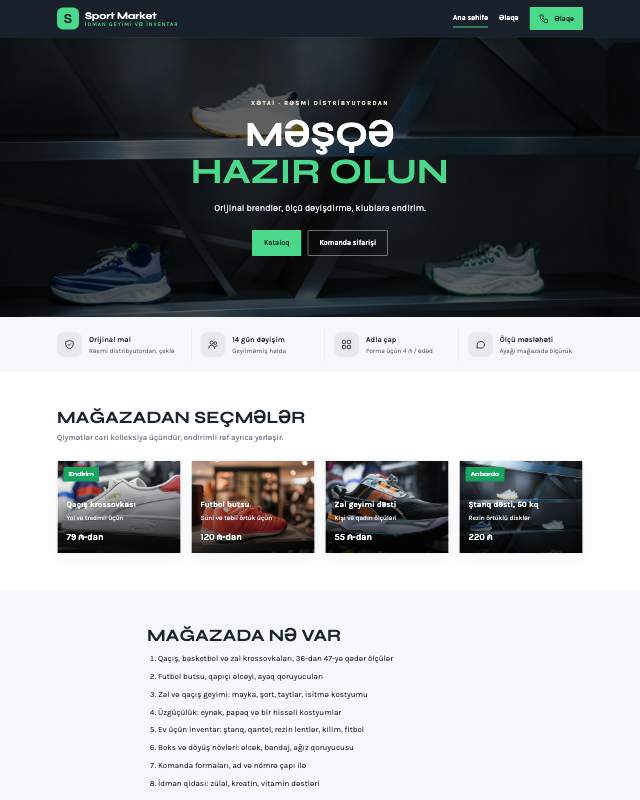 İdman mağazası · Hərəkət veb sayt şablonunun ekran görüntüsü