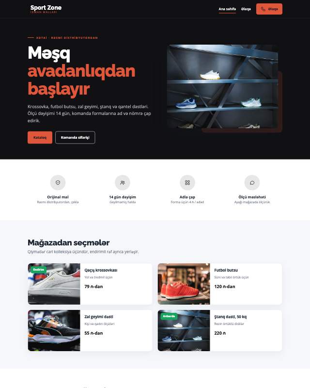 İdman mağazası · Kontrast veb sayt şablonunun ekran görüntüsü