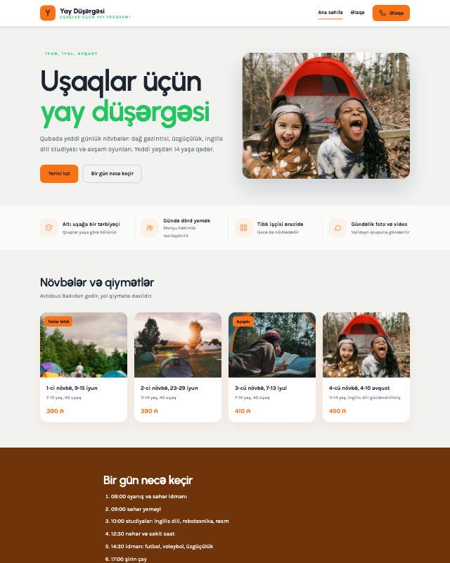 Yay düşərgəsi üçün veb sayt şablonunun ekran görüntüsü