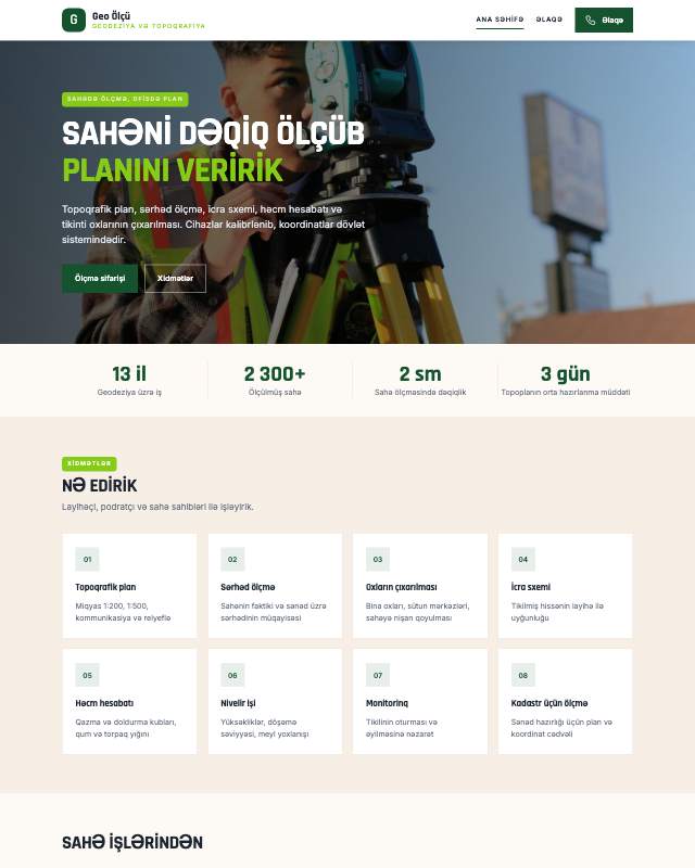 Geodeziya xidməti üçün veb sayt şablonunun ekran görüntüsü