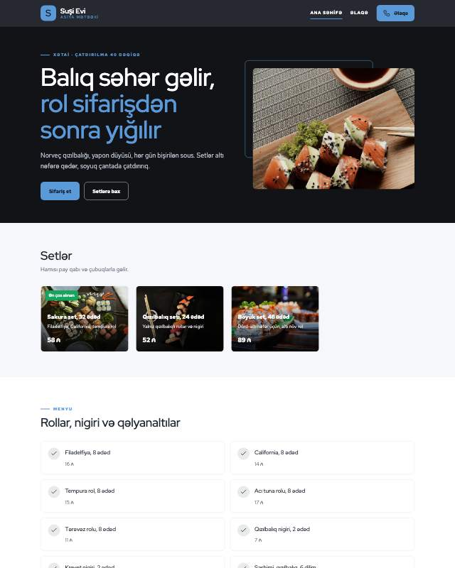 Suşi bar · Minimal sayt dizaynının ekran görüntüsü