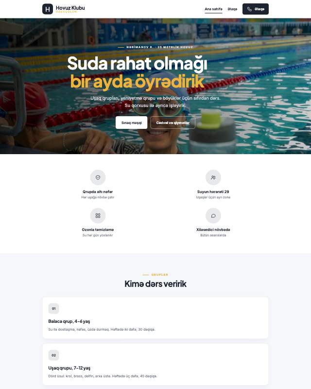 Üzgüçülük məktəbi · Canlı veb sayt şablonunun ekran görüntüsü