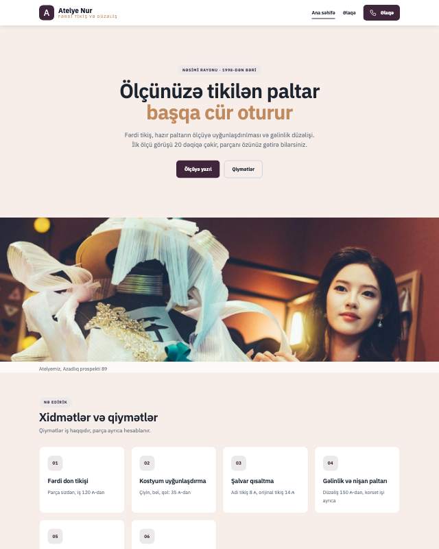 Dərzi atelyesi veb sayt şablonunun ekran görüntüsü