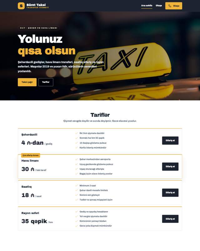Taksi və transfer · Canlı sayt dizaynının ekran görüntüsü