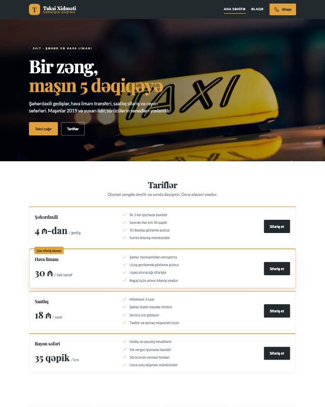 Taksi və transfer · Kart veb sayt şablonunun ekran görüntüsü