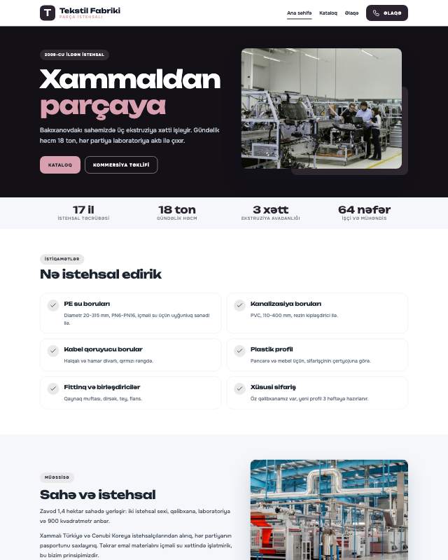 Tekstil fabriki sayt dizaynının ekran görüntüsü