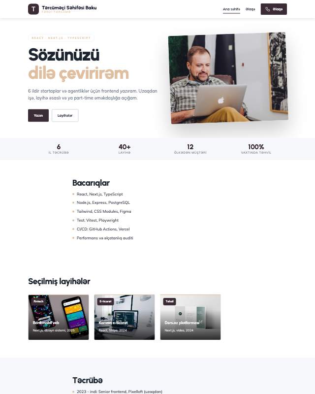 Tərcüməçi səhifəsi · Zərif sayt dizaynının ekran görüntüsü