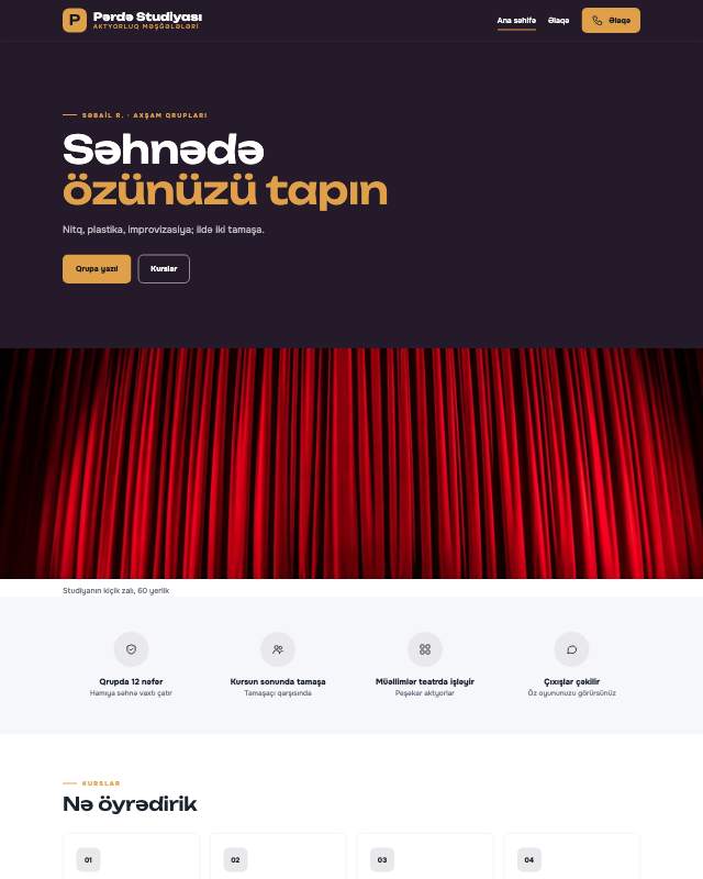 Teatr studiyası · Səhnə sayt dizaynının ekran görüntüsü