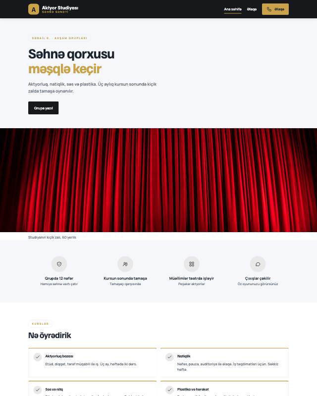 Teatr studiyası · Tünd veb sayt şablonunun ekran görüntüsü