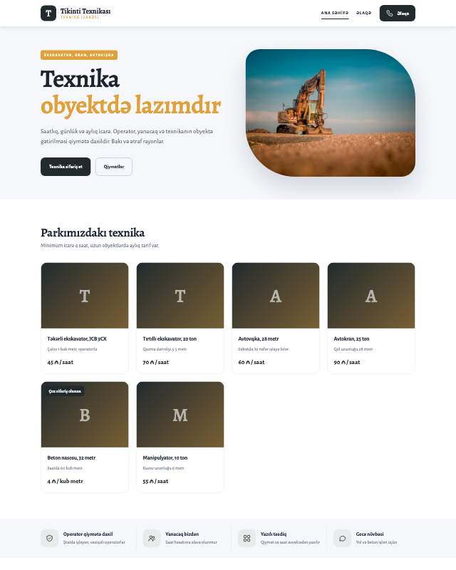 Tikinti texnikası icarəsi üçün veb sayt şablonunun ekran görüntüsü
