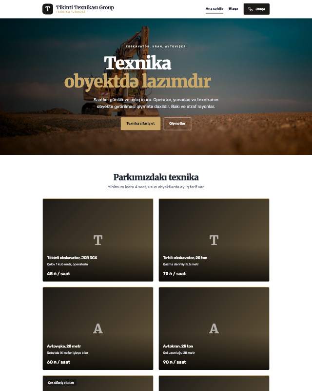 Tikinti texnikası icarəsi · Premium veb sayt şablonunun ekran görüntüsü