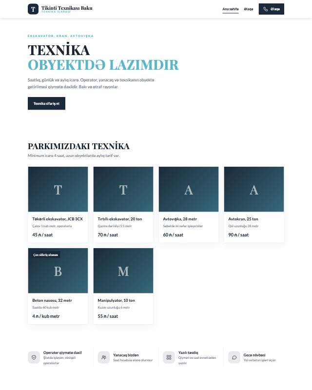 Tikinti texnikası icarəsi · Geniş veb sayt şablonunun ekran görüntüsü