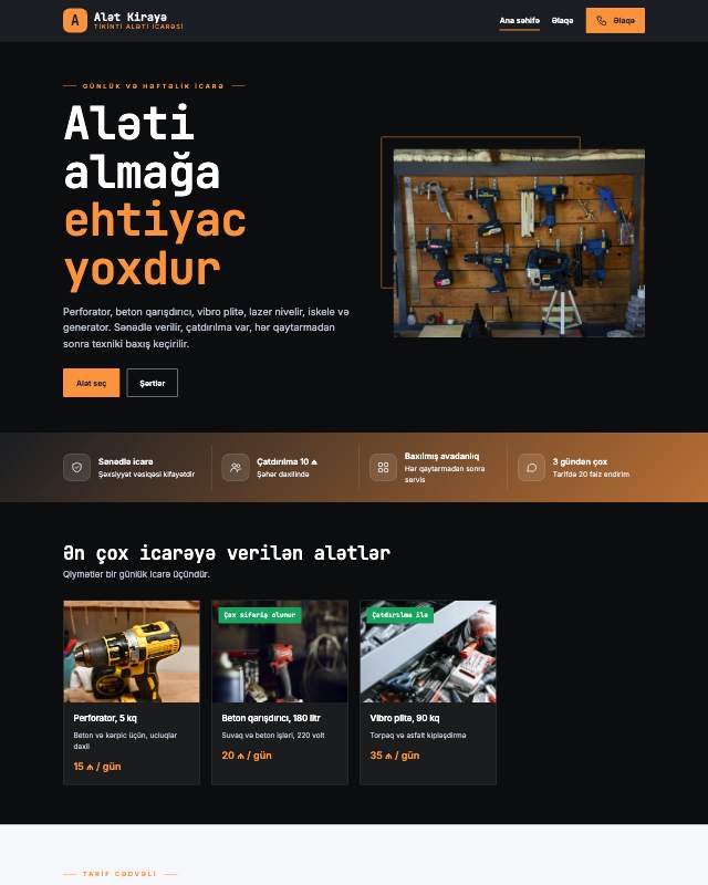 Alət icarəsi sayt dizaynının ekran görüntüsü