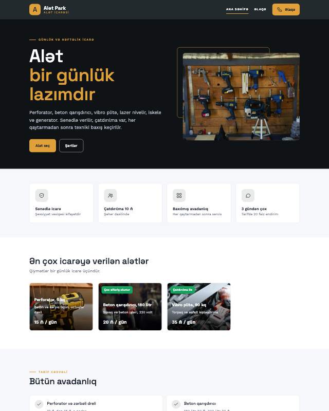 Alət icarəsi · Kart sayt dizaynının ekran görüntüsü