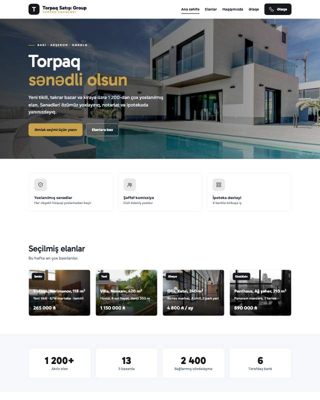 Torpaq satışı · Tünd veb sayt şablonunun ekran görüntüsü