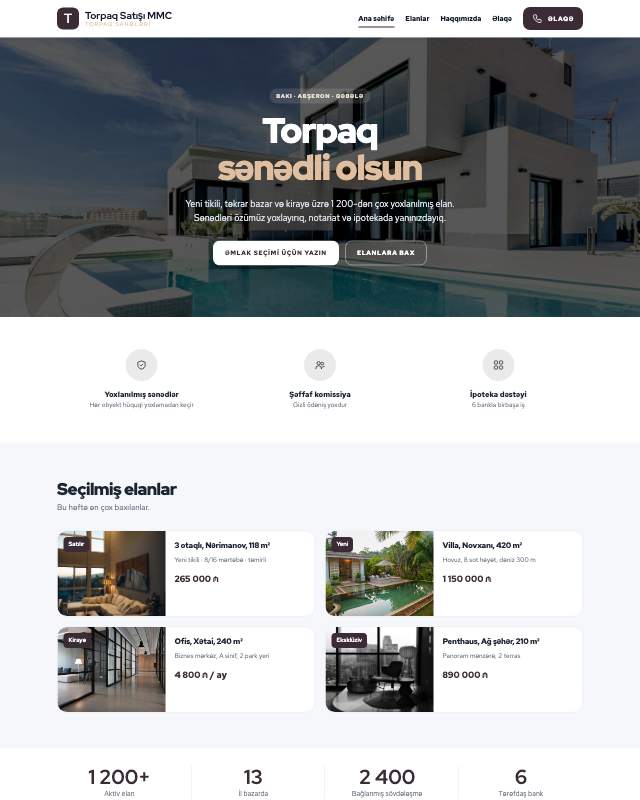 Torpaq satışı · Zərif veb sayt şablonunun ekran görüntüsü