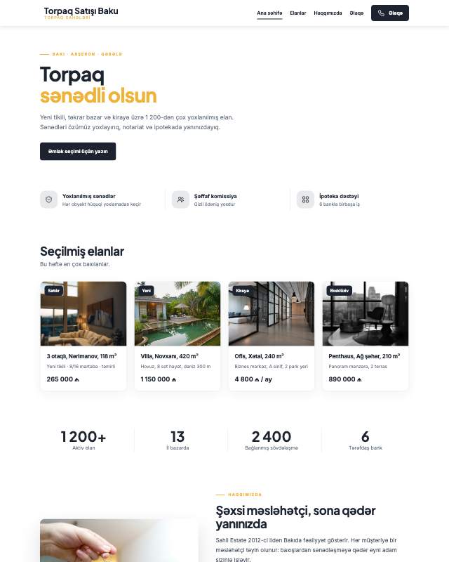 Torpaq satışı · Canlı veb sayt şablonunun ekran görüntüsü