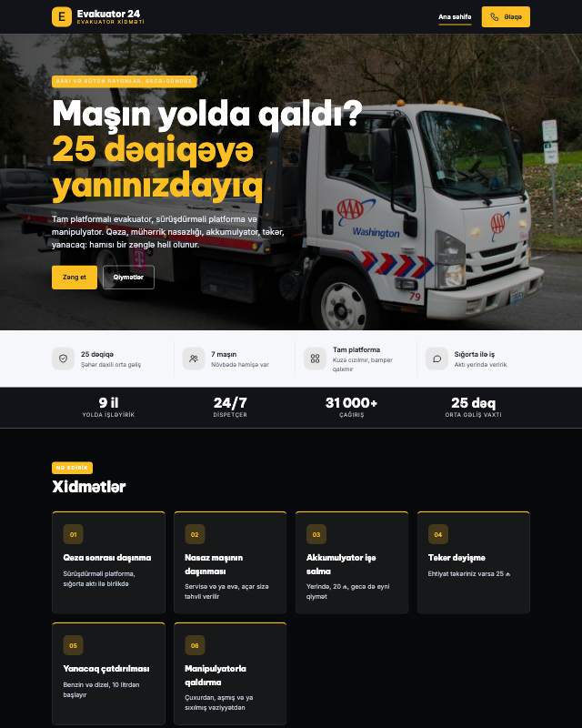 Evakuator sayt dizaynının ekran görüntüsü