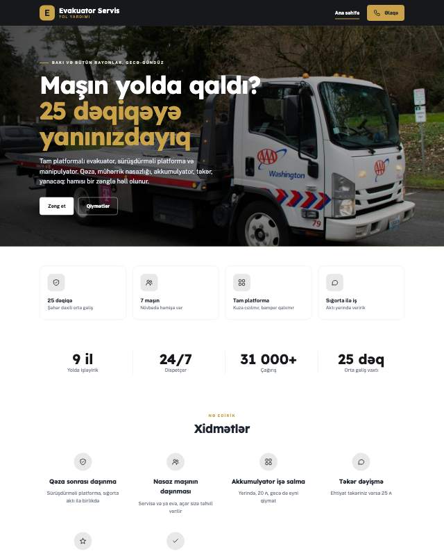 Evakuator · Tünd sayt dizaynının ekran görüntüsü