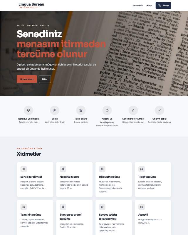 Tərcümə bürosu sayt dizaynının ekran görüntüsü