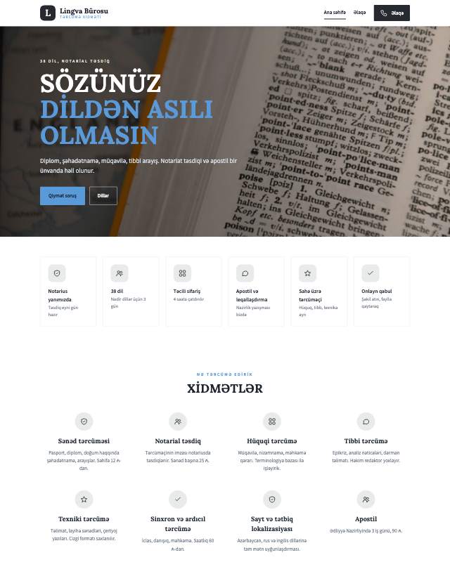 Tərcümə bürosu · Minimal sayt dizaynının ekran görüntüsü