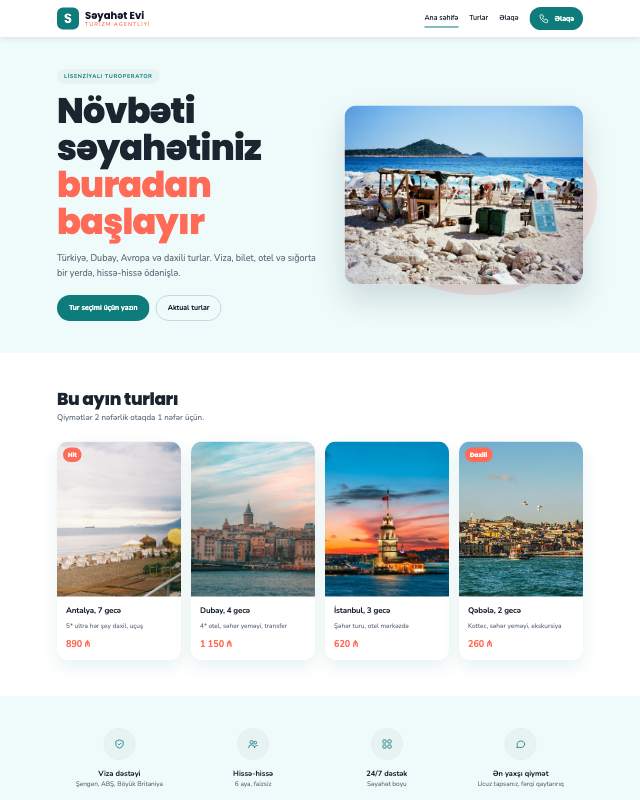 Turizm agentliyi sayt dizaynının ekran görüntüsü