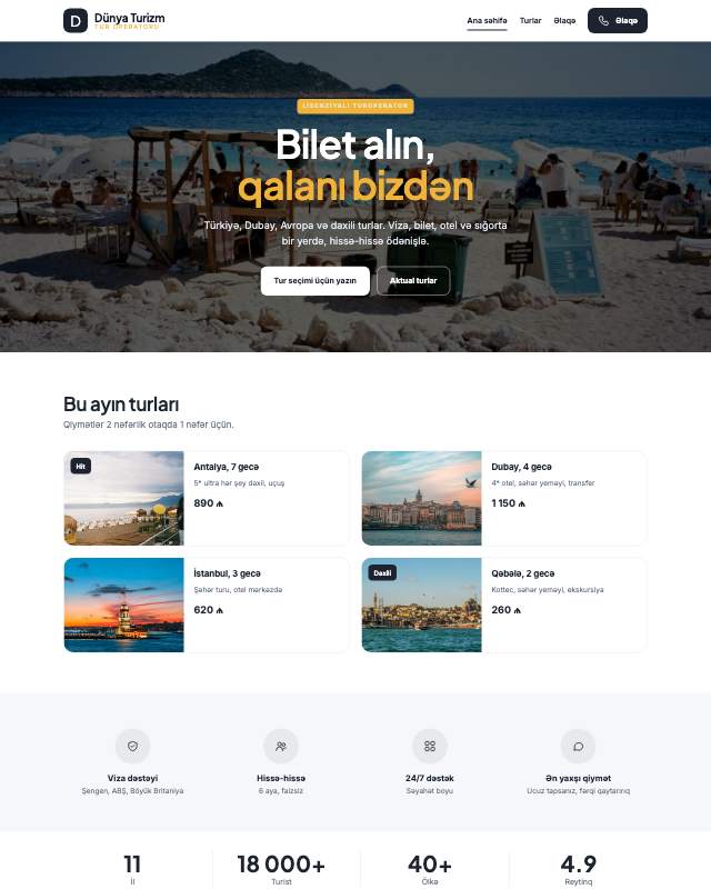 Turizm agentliyi · Canlı sayt dizaynının ekran görüntüsü