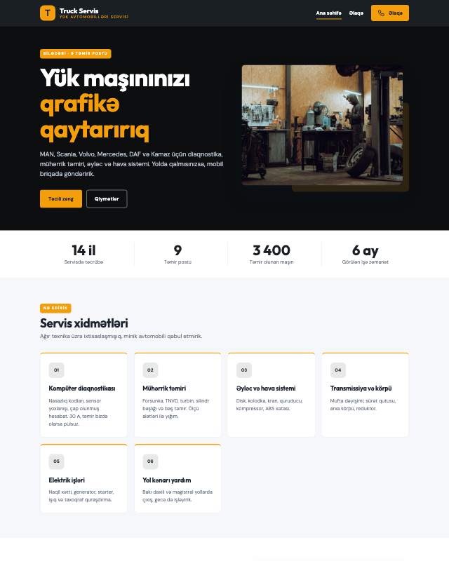 Yük maşını servisi sayt dizaynının ekran görüntüsü