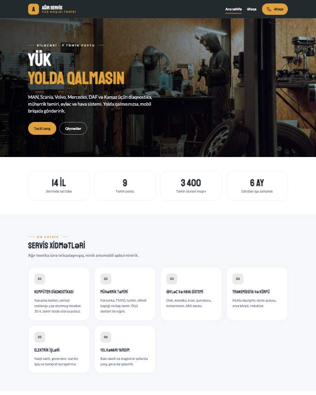 Yük maşını servisi · Kart sayt dizaynının ekran görüntüsü