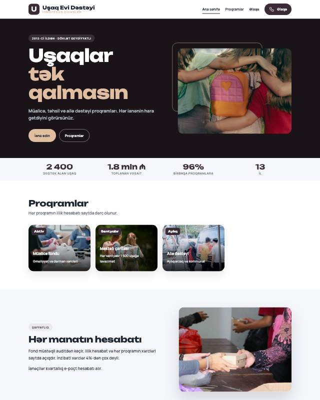 Uşaq evi dəstək təşkilatı üçün veb sayt şablonunun ekran görüntüsü