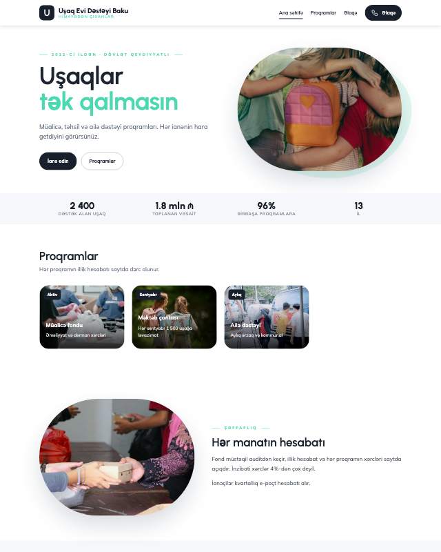 Uşaq evi dəstəyi · Modern veb sayt şablonunun ekran görüntüsü
