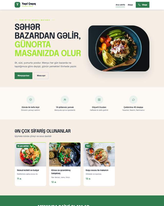 Vegan kafe üçün veb sayt şablonunun ekran görüntüsü