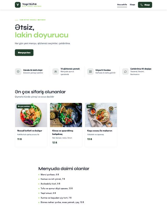 Vegan kafe · Yaşıl sayt dizaynının ekran görüntüsü
