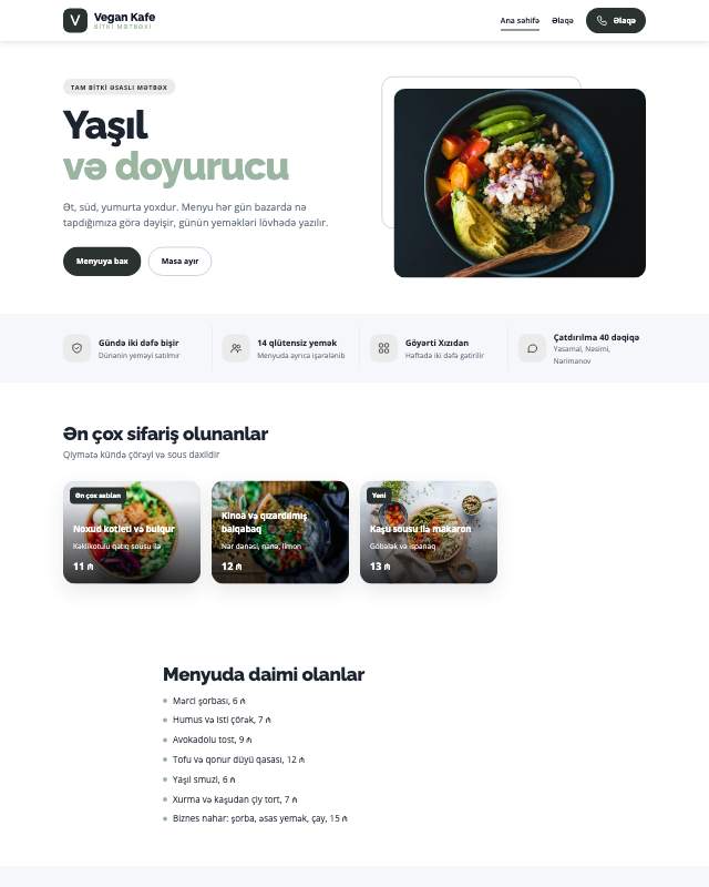 Vegan kafe · Sakit sayt dizaynının ekran görüntüsü