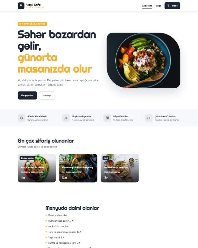 Vegan kafe · Canlı sayt dizaynının ekran görüntüsü