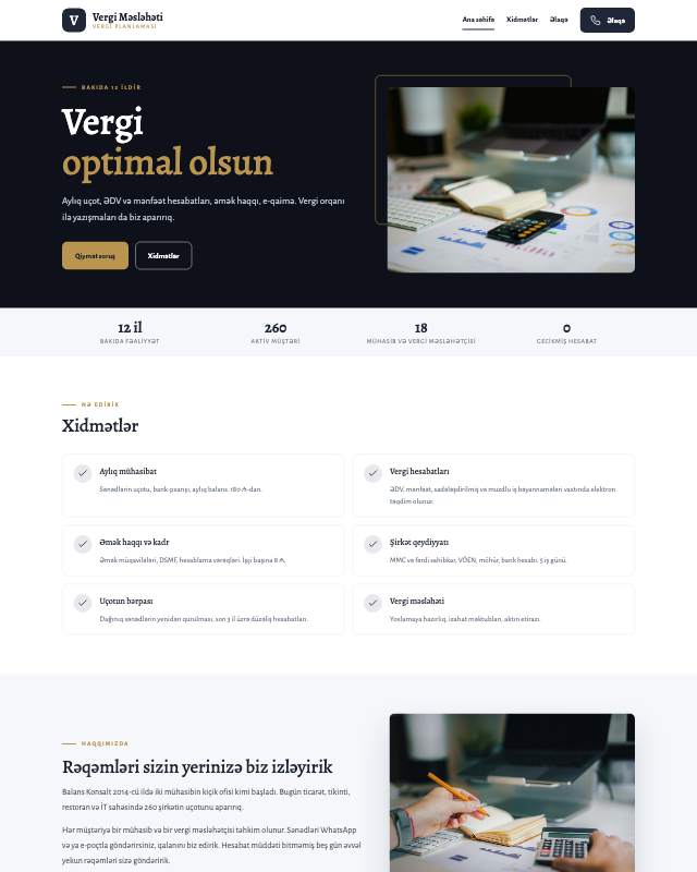 Vergi məsləhətçisi üçün veb sayt şablonunun ekran görüntüsü