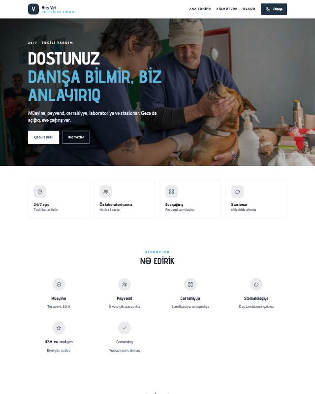Veterinar klinika · Təmiz sayt dizaynının ekran görüntüsü