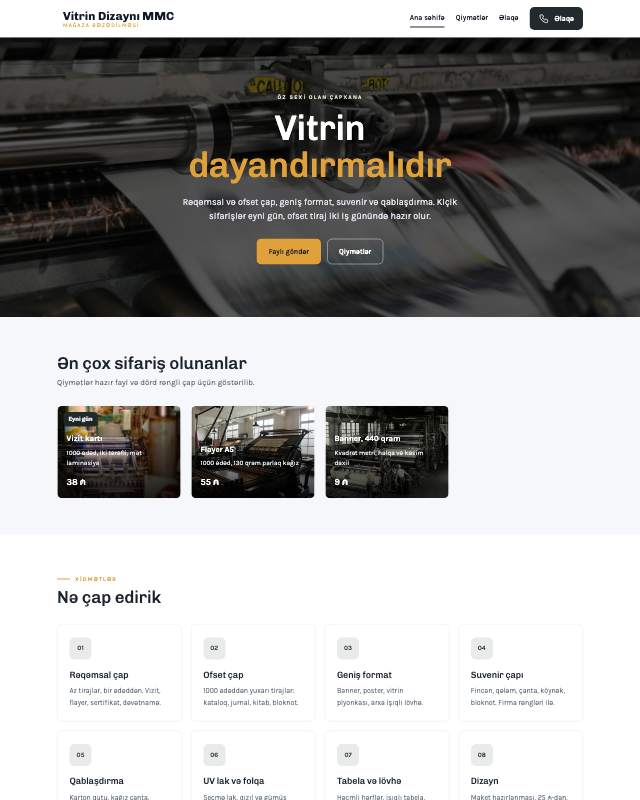 Vitrin dizaynı · Kart veb sayt şablonunun ekran görüntüsü