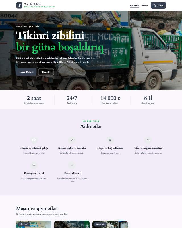 Tullantı daşıma xidməti üçün veb sayt şablonunun ekran görüntüsü