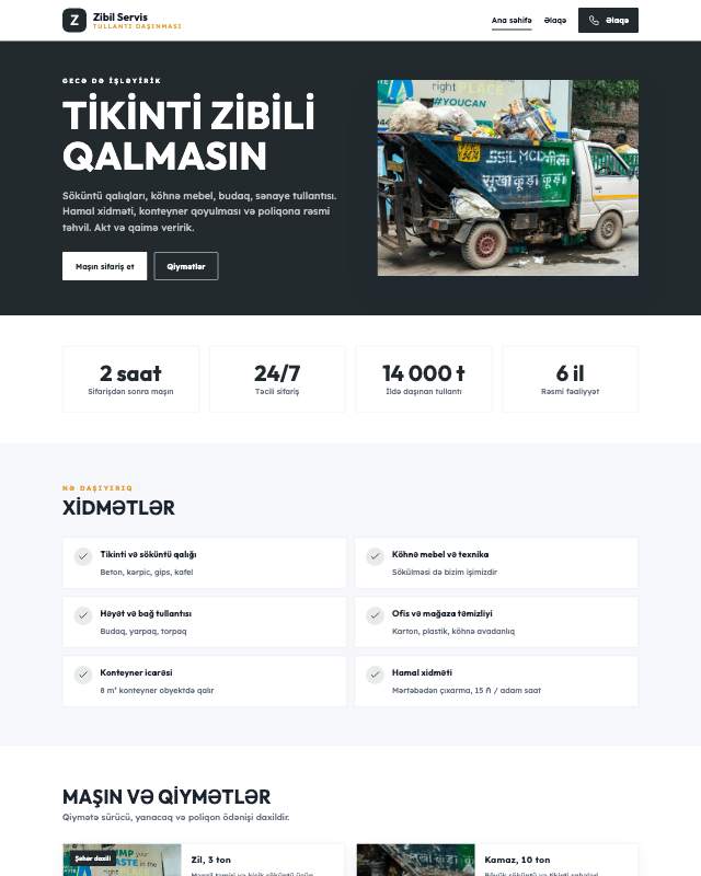 Tullantı daşınması · Kart sayt dizaynının ekran görüntüsü