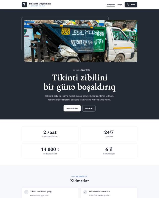 Tullantı daşınması · Sadə veb sayt şablonunun ekran görüntüsü
