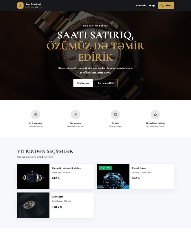 Saat mağazası · Tünd veb sayt şablonunun ekran görüntüsü