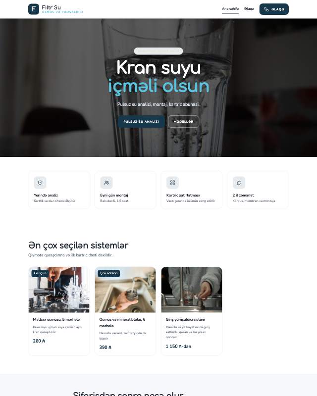 Su filtri satışı üçün veb sayt şablonu «Təmiz»: ekran görüntüsü