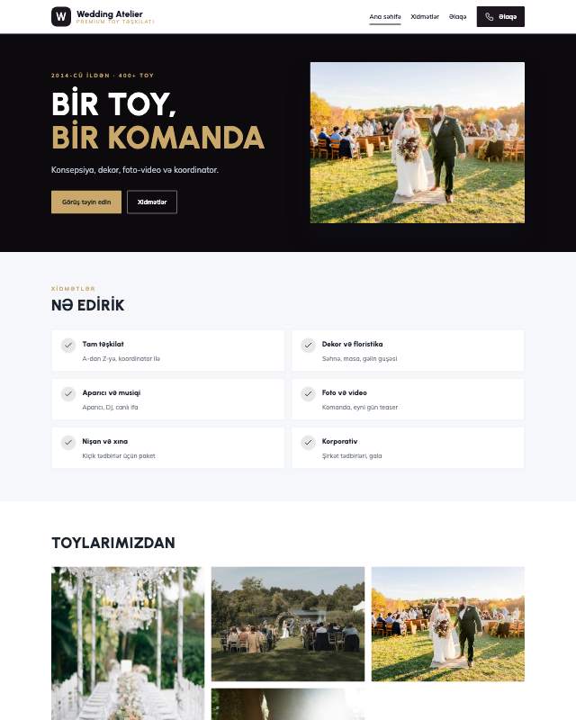 Toy və tədbir · Tünd sayt dizaynının ekran görüntüsü