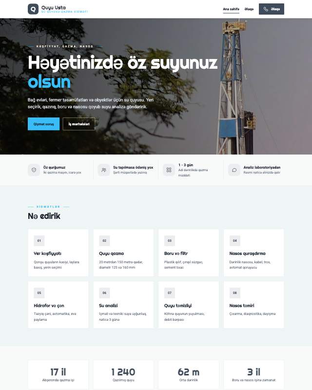 Su quyusu qazma sayt dizaynının ekran görüntüsü