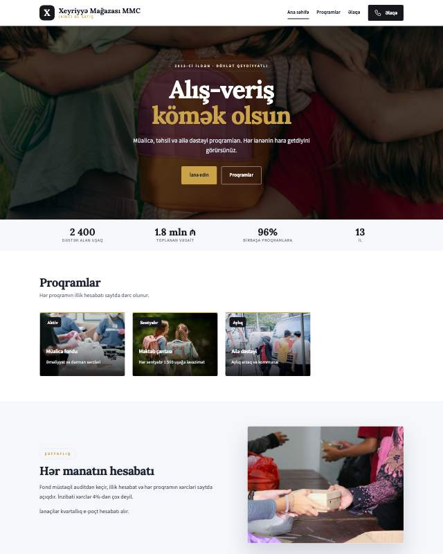 Xeyriyyə mağazası · Tünd veb sayt şablonunun ekran görüntüsü