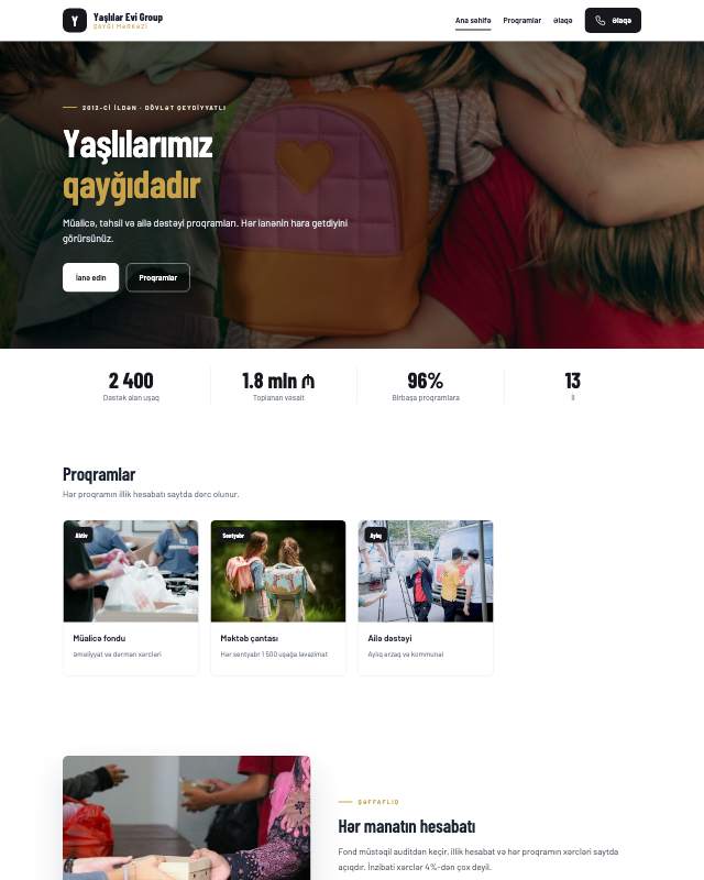 Yaşlılar evi · Tünd veb sayt şablonunun ekran görüntüsü